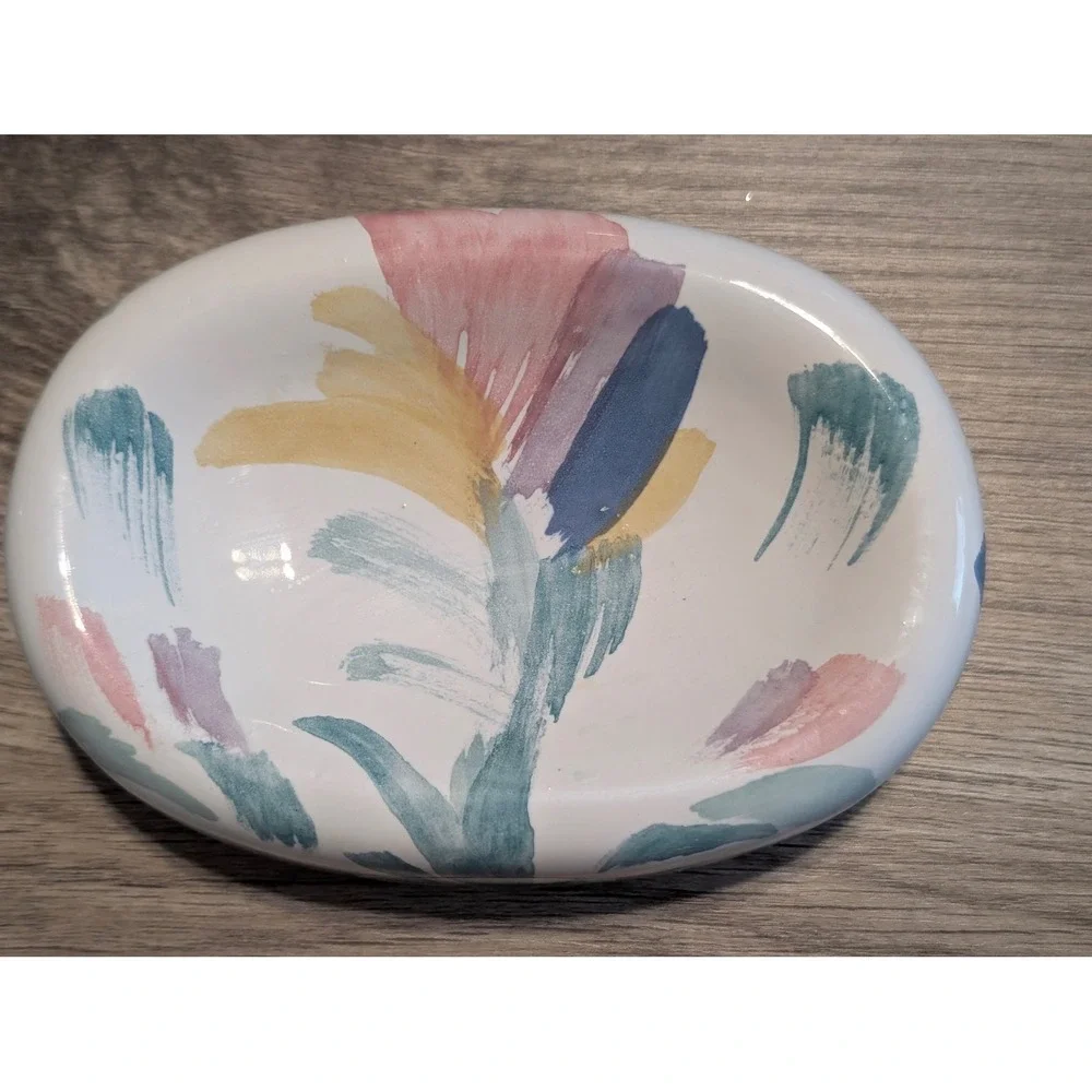 Vintage Ceramic Soap Dish Riviera Hand Painted USA White Abstract Floral Pastel